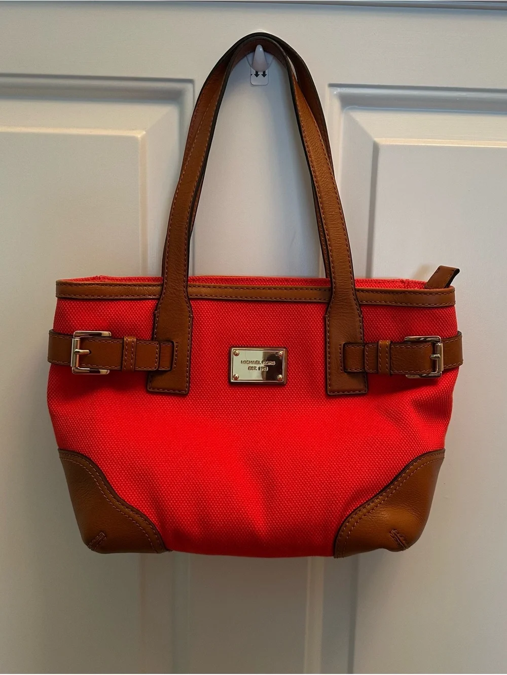 Michael Kors Mandarin Canvas Bag with Brown Leather Trim and Buckle Accents